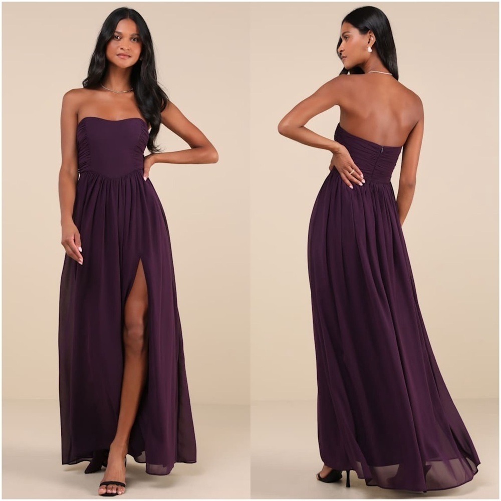 LULU’S Luxe Favorite Dark Purple Strapless Ruched Maxi Dress